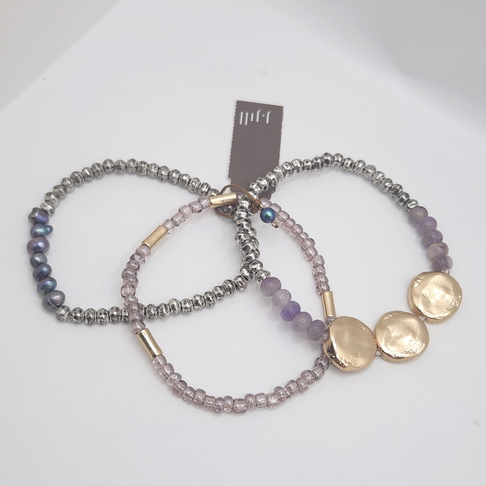 Boho Peacock Pearl Amethyst Beaded Stretch Bracelet Set J Jill Stackable Preppy